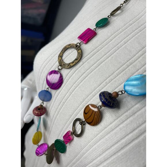 Necklace multi colored chunky disks beaded costume jewelry blue yellow pink - Picture 3 of 11